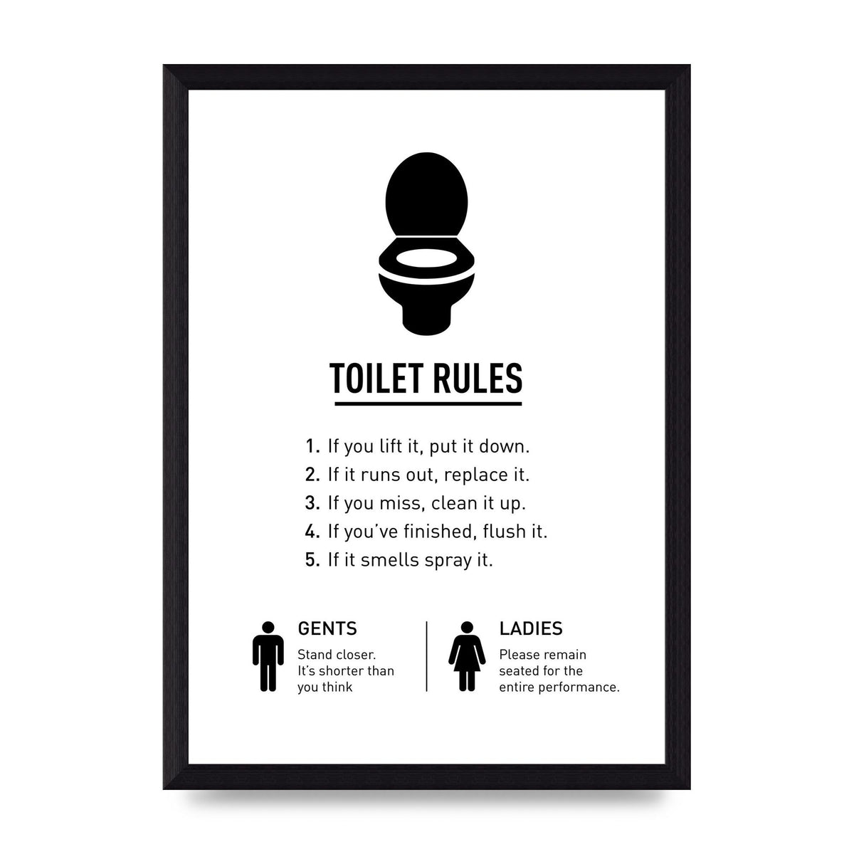 Toilet Rules" Printed Poster - A4 framed