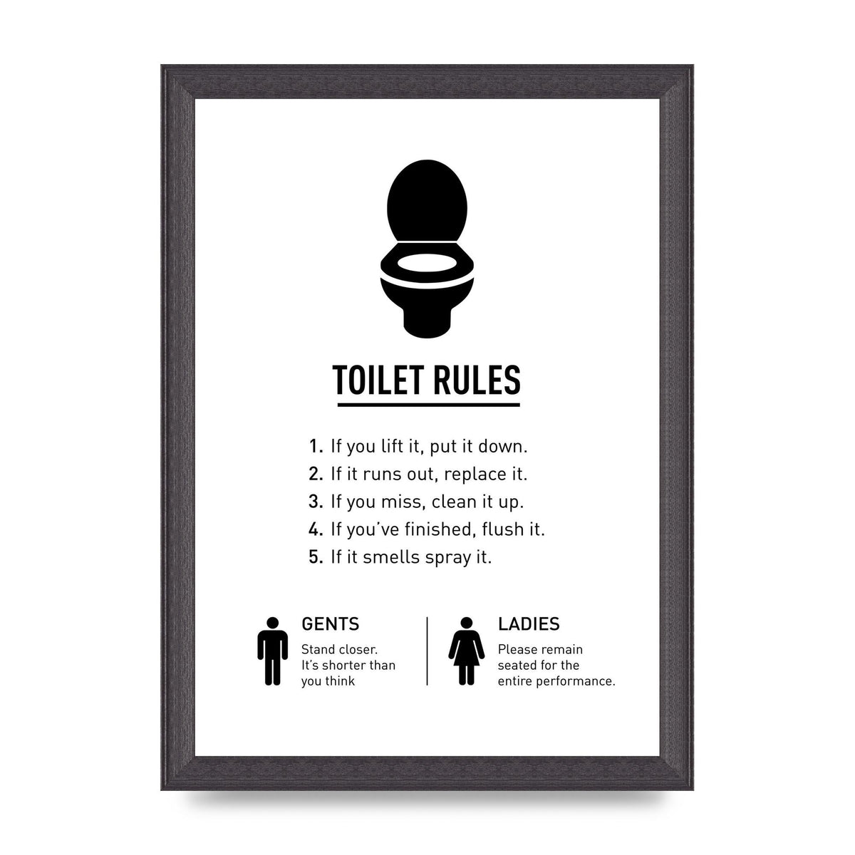 Toilet Rules" Printed Poster - A4 framed