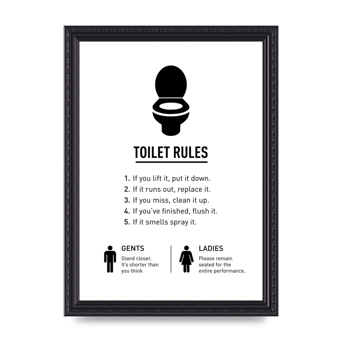 Toilet Rules" Printed Poster - A4 framed