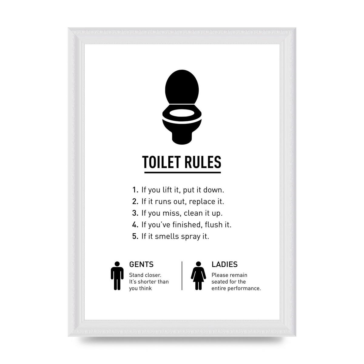 Toilet Rules" Printed Poster - A4 framed