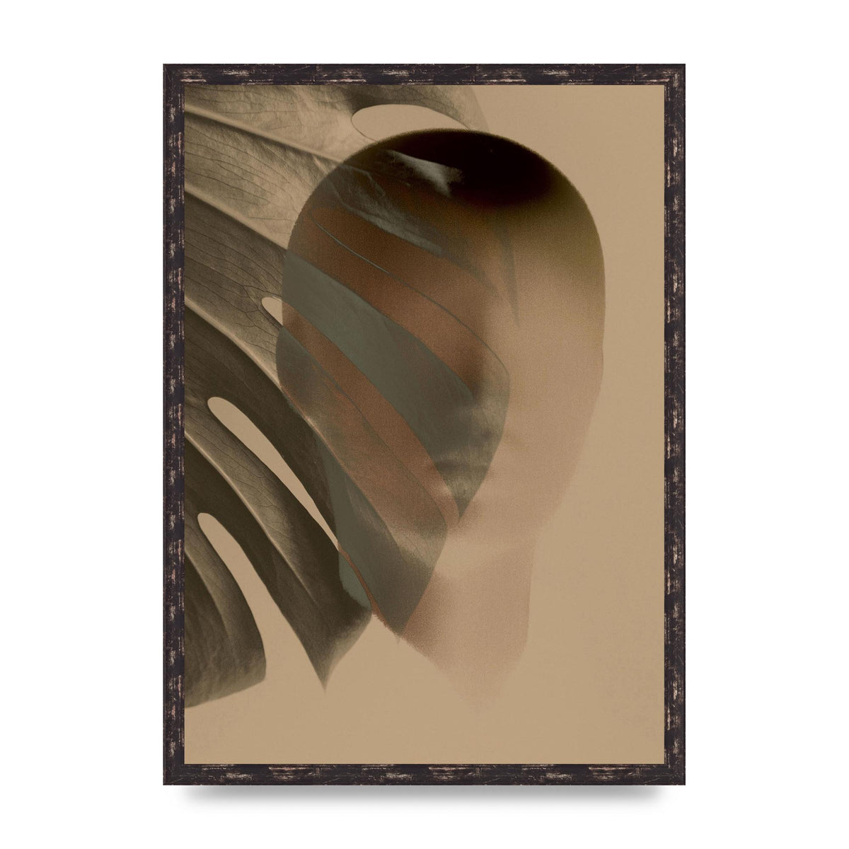 Surrealist Face Leaf Fade In Golden Sand Wall Art - A2 framed