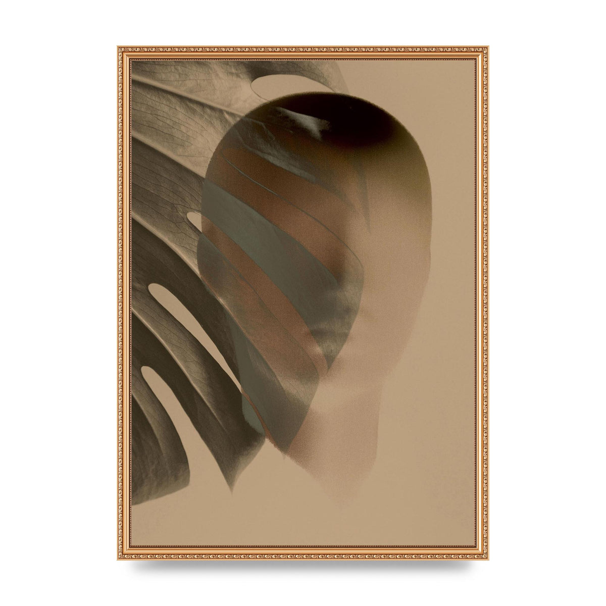 Surrealist Face Leaf Fade In Golden Sand Wall Art - A2 framed