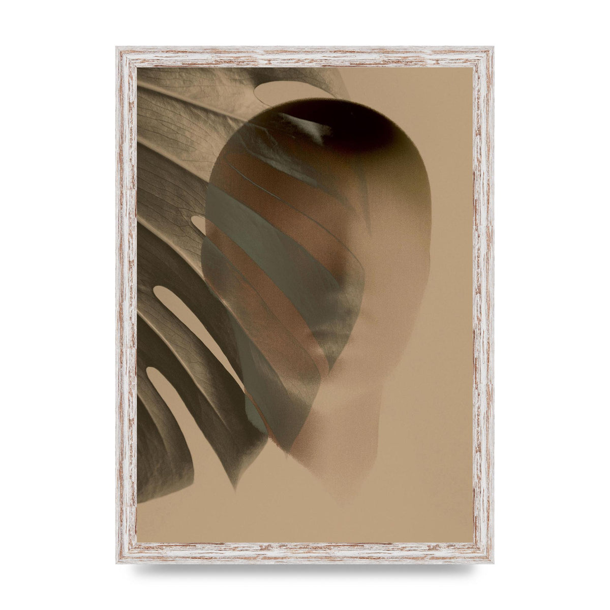 Surrealist Face Leaf Fade In Golden Sand Wall Art - A3 framed