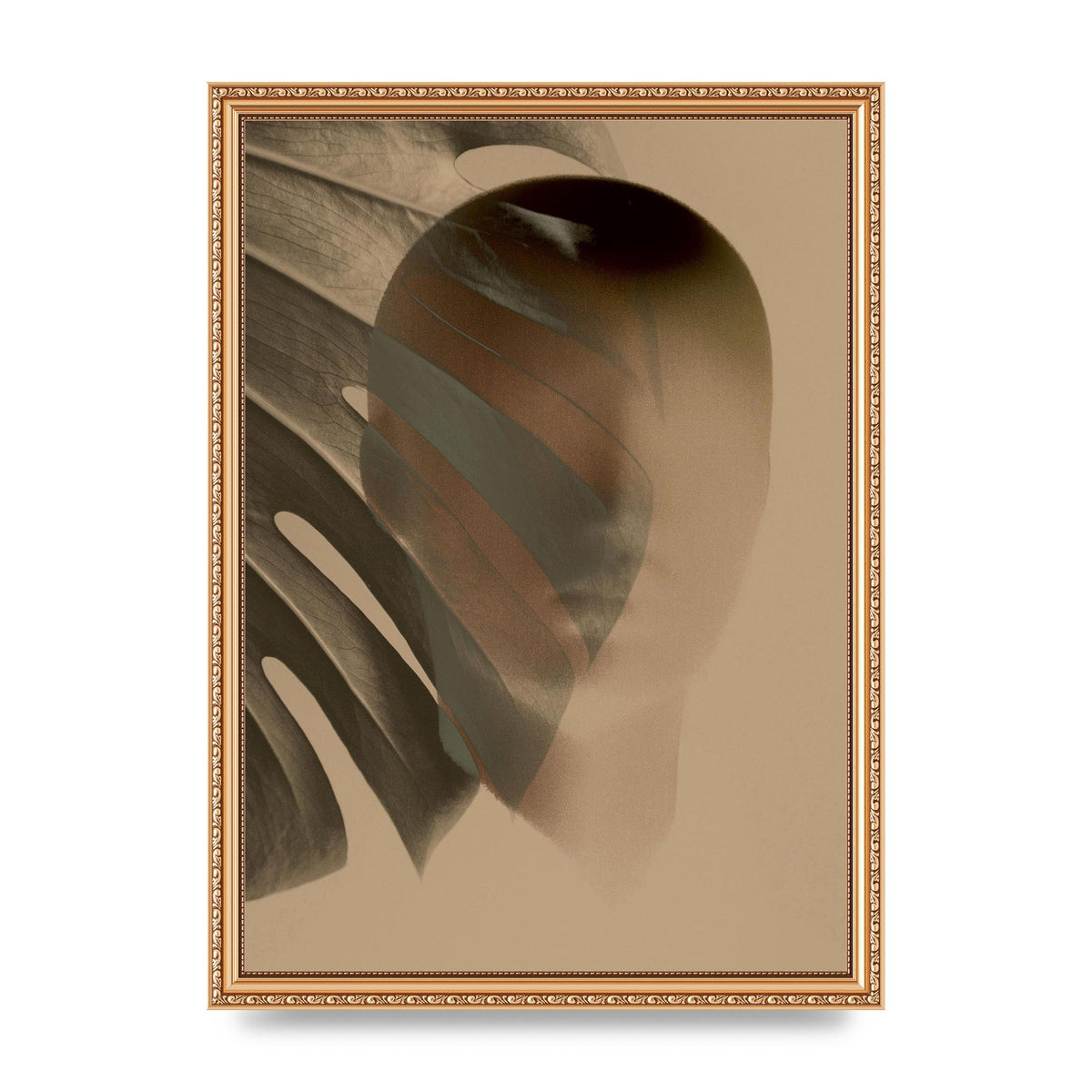 Surrealist Face Leaf Fade In Golden Sand Wall Art - A3 framed