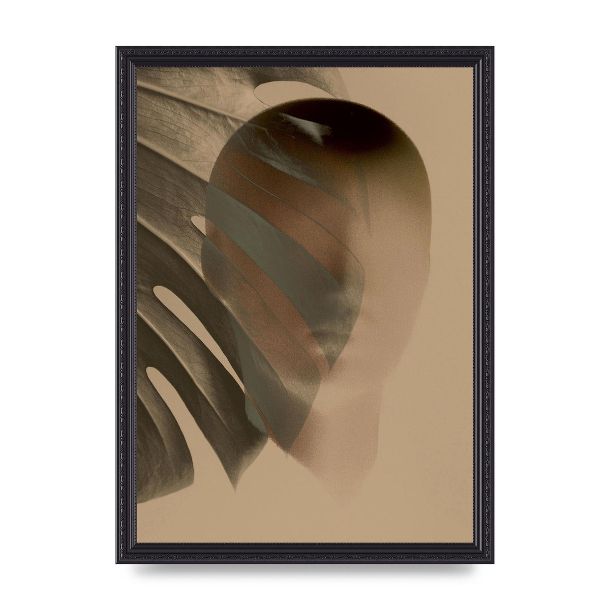 Surrealist Face Leaf Fade In Golden Sand Wall Art - A3 framed