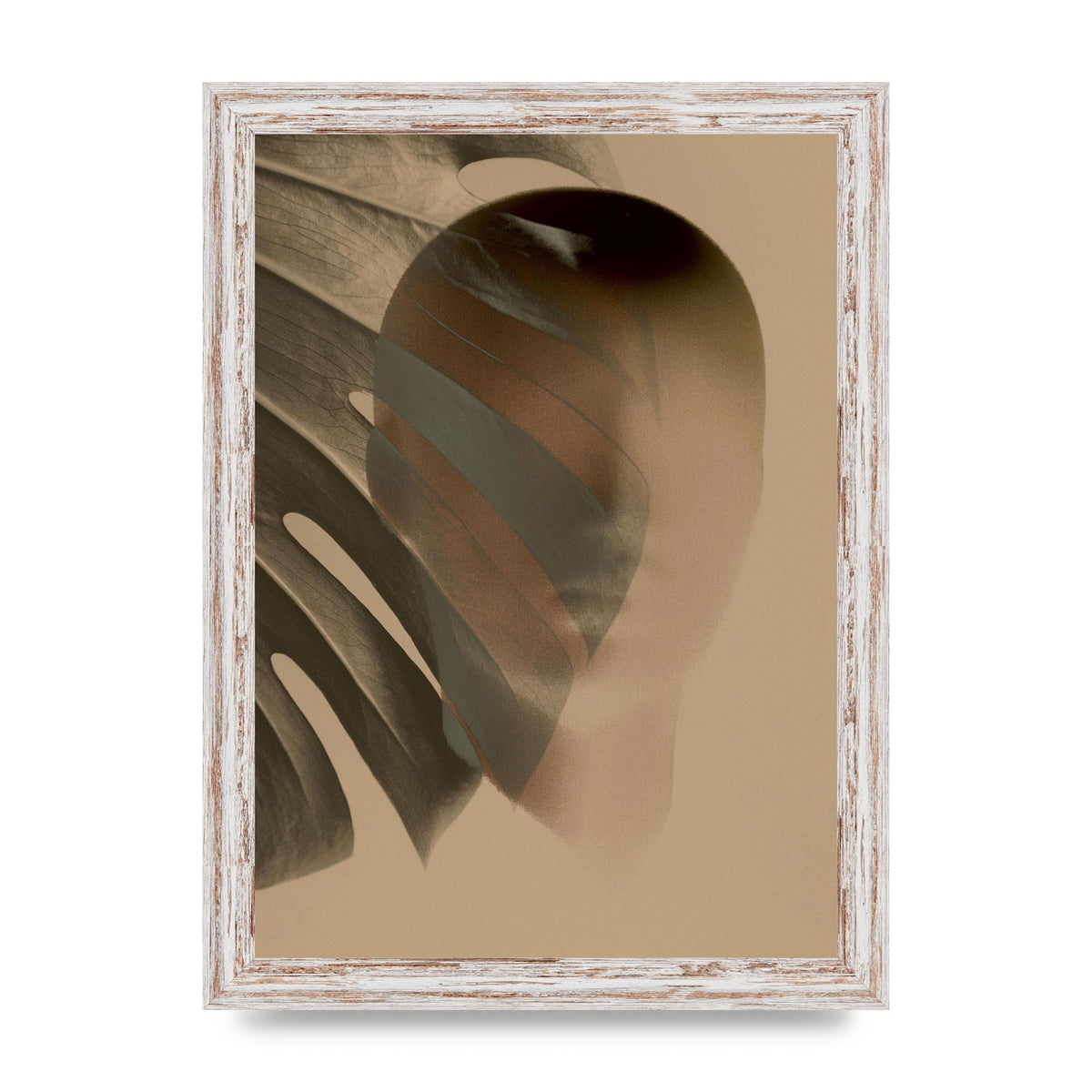 Surrealist Face Leaf Fade In Golden Sand Wall Art - A4 framed