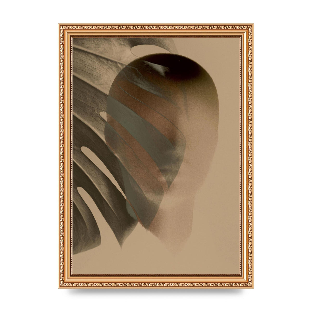 Surrealist Face Leaf Fade In Golden Sand Wall Art - A4 framed