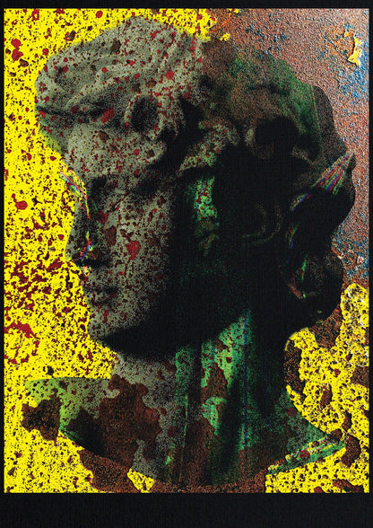 Yellow Green Distressed Lofi Statue Art For The Home - detail