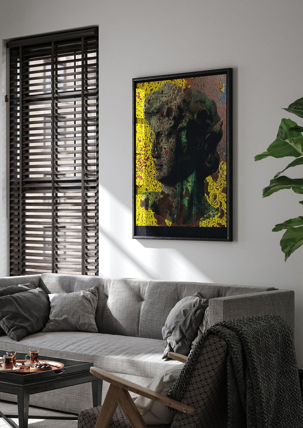 Yellow Green Distressed Lofi Statue Art For The Home - living room 1
