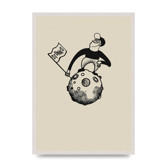 Stonks To The Moon Trading Win Cartoon print in an A2 white saw cut grain frame