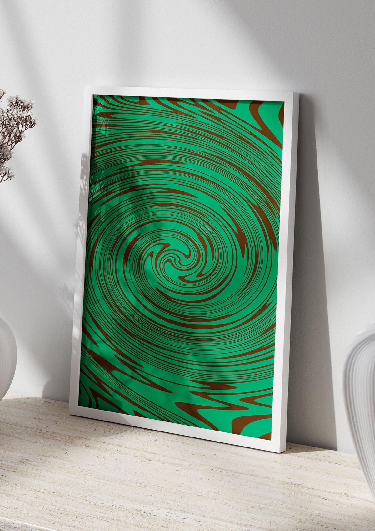Green Trippy Swirl Wall Art - living room 2