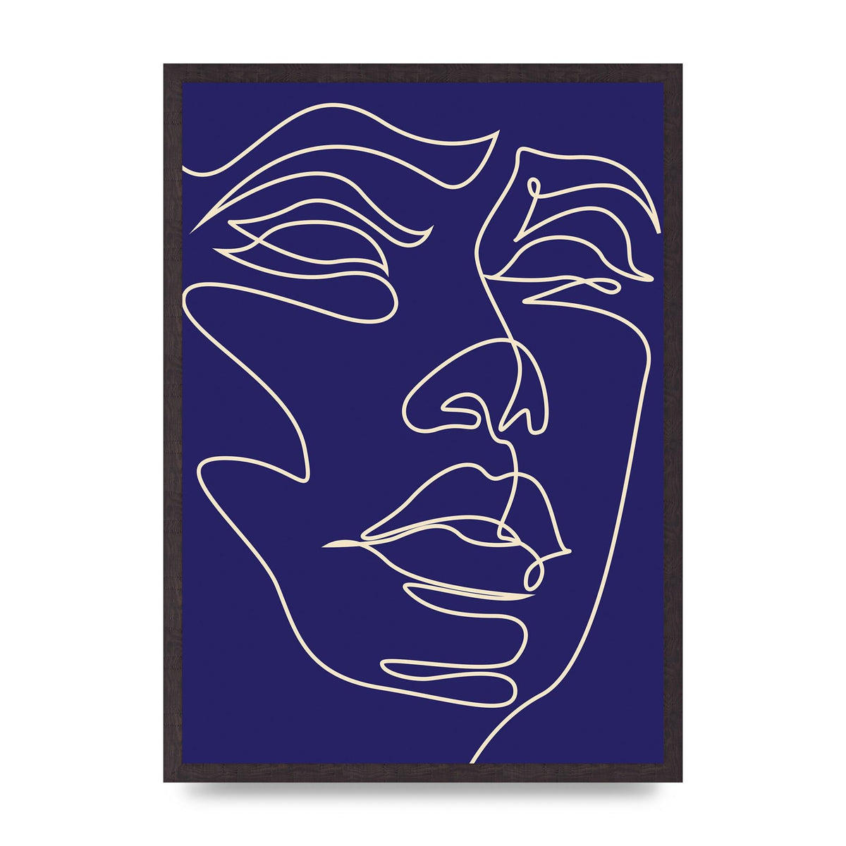 Face Line Drawing Blue Wall Art - A2 framed