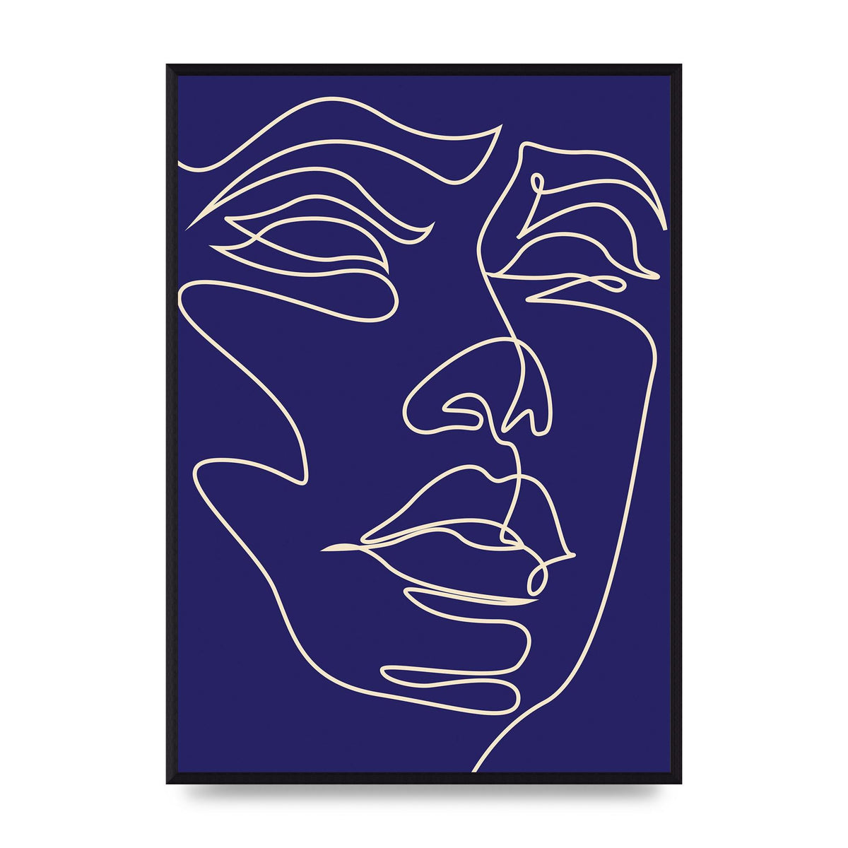 Face Line Drawing Blue Wall Art - A2 framed