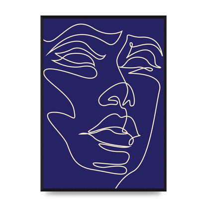 Face Line Drawing Blue Wall Art - A2 framed