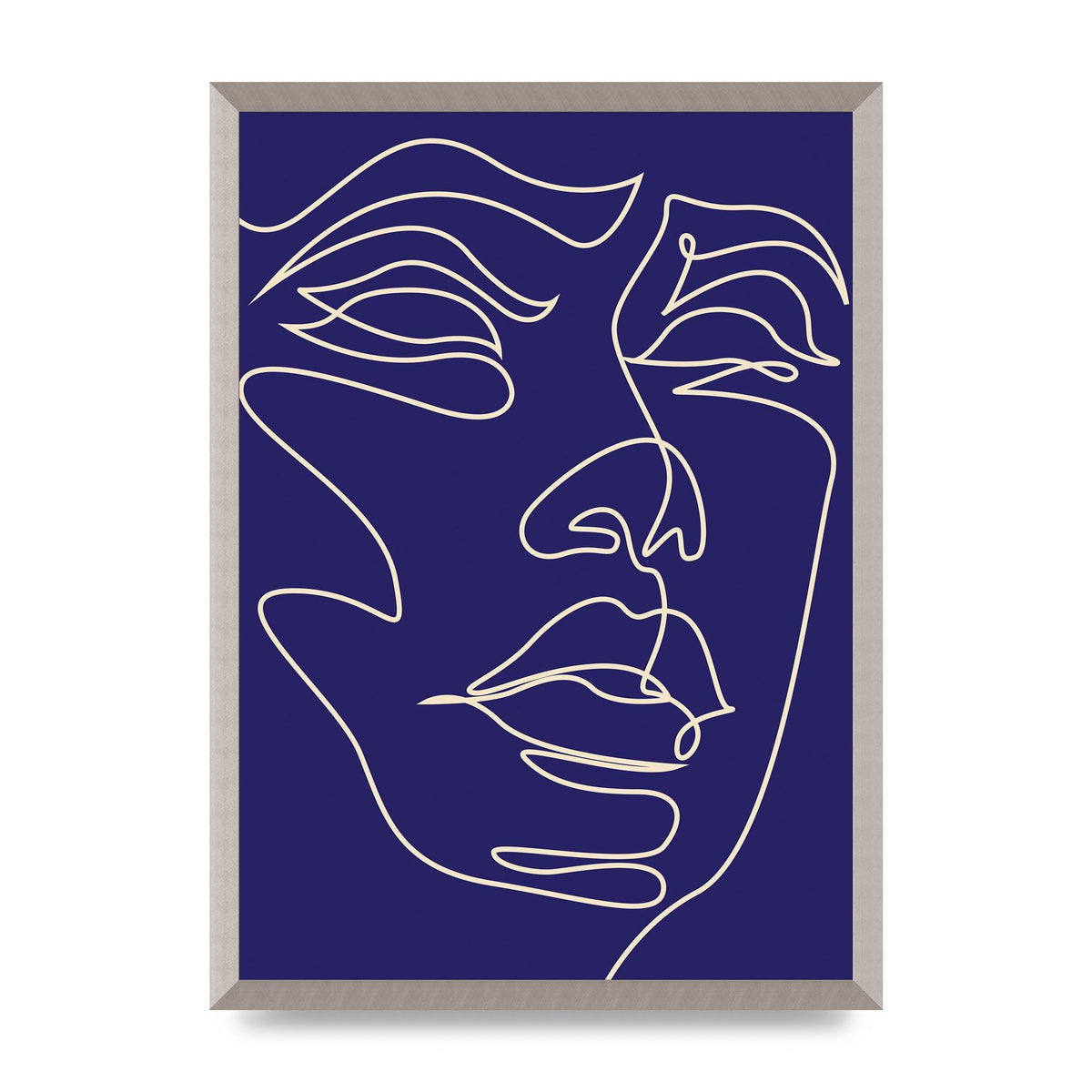 Face Line Drawing Blue Wall Art - A2 framed