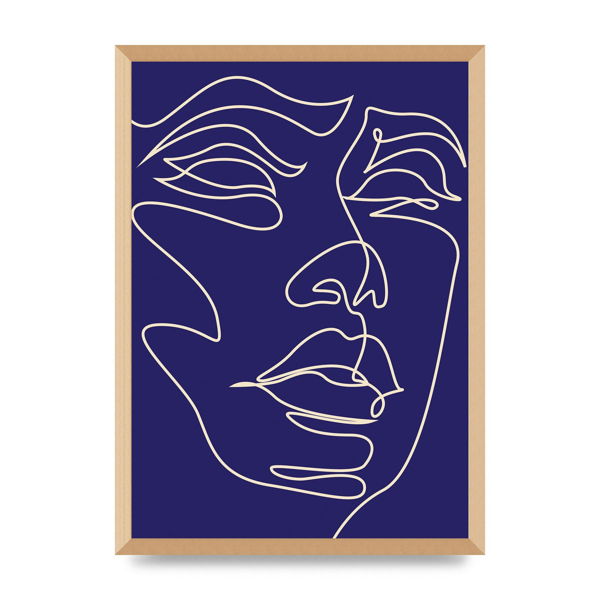 Face Line Drawing Blue Wall Art - A2 framed