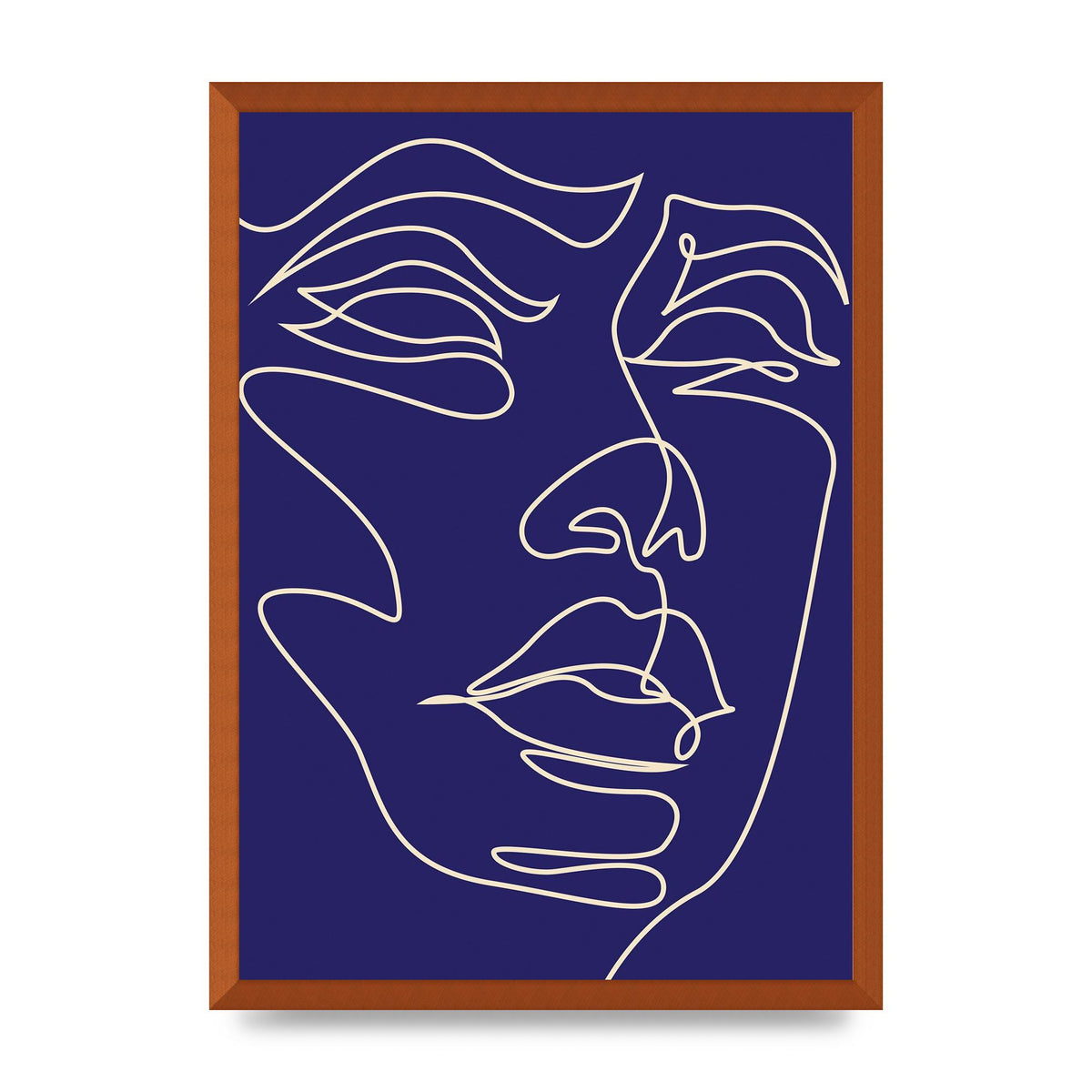 Face Line Drawing Blue Wall Art - A2 framed