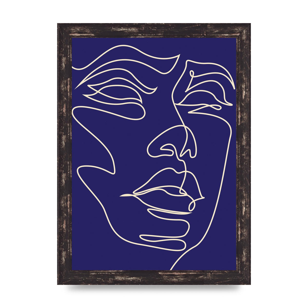 Face Line Drawing Blue Wall Art - A4 framed