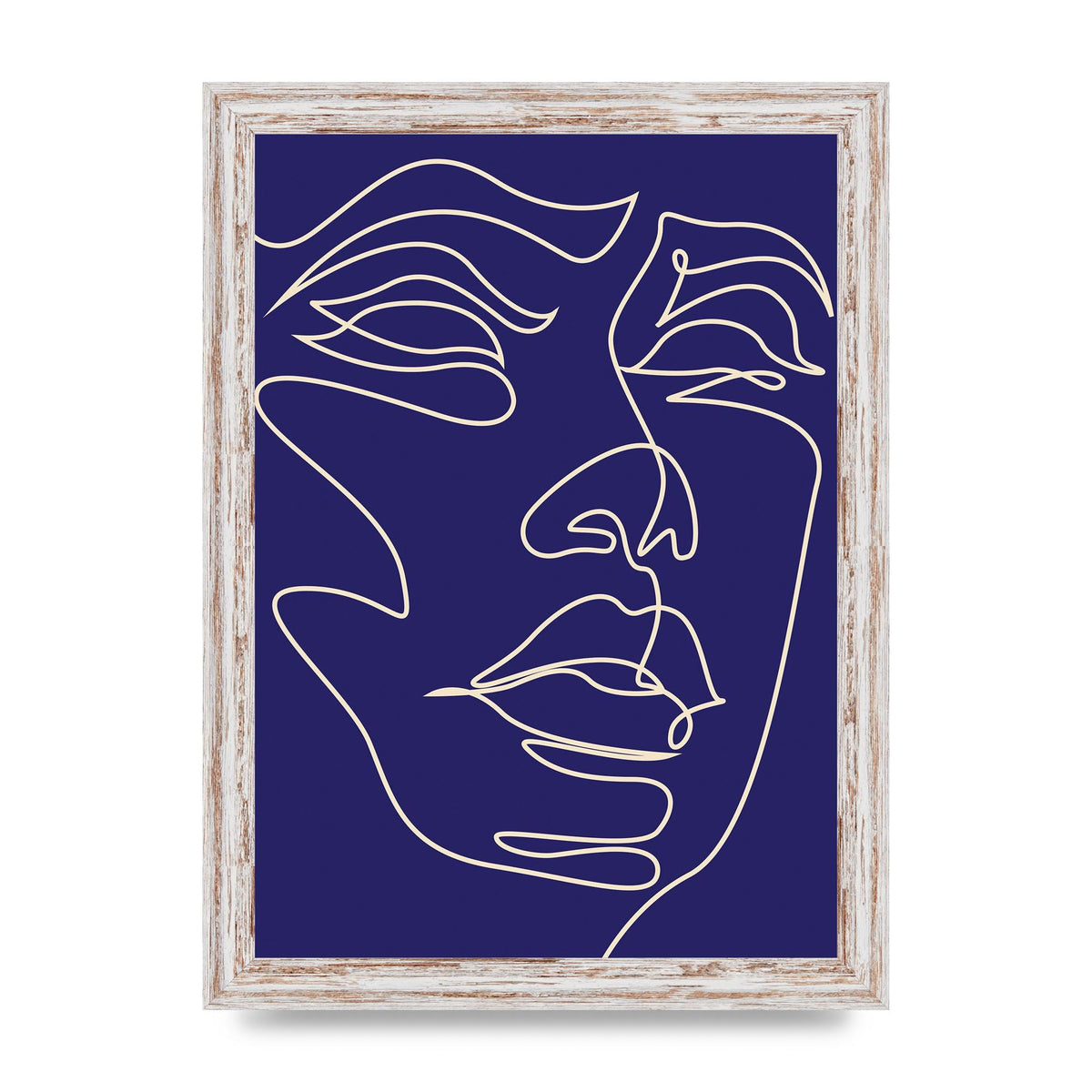 Face Line Drawing Blue Wall Art - A4 framed