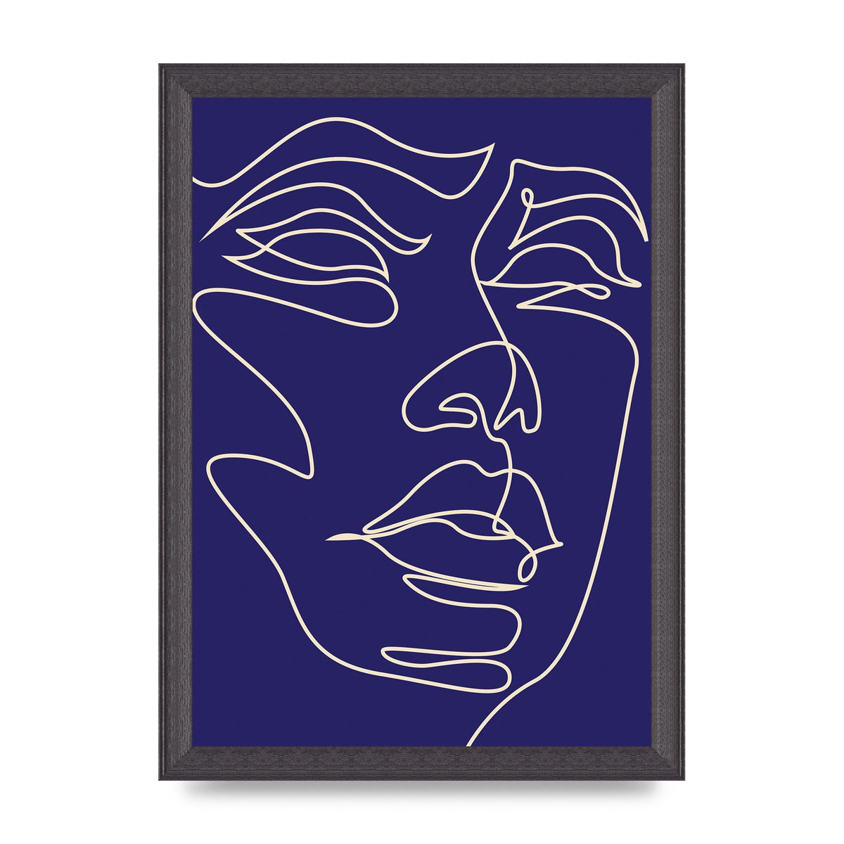 Face Line Drawing Blue Wall Art - A4 framed