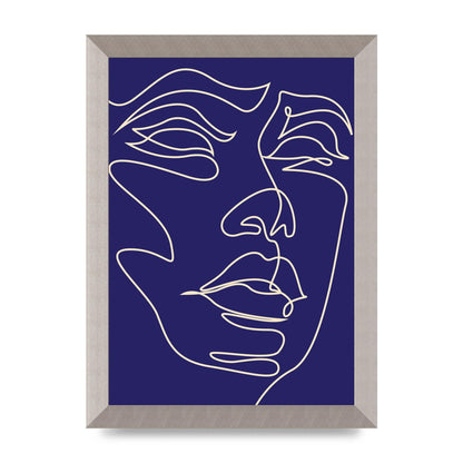 Face Line Drawing Blue Wall Art - A4 framed
