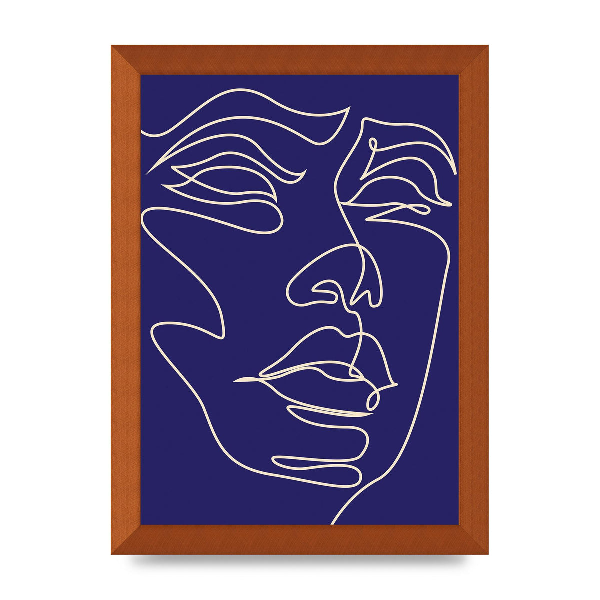 Face Line Drawing Blue Wall Art - A4 framed