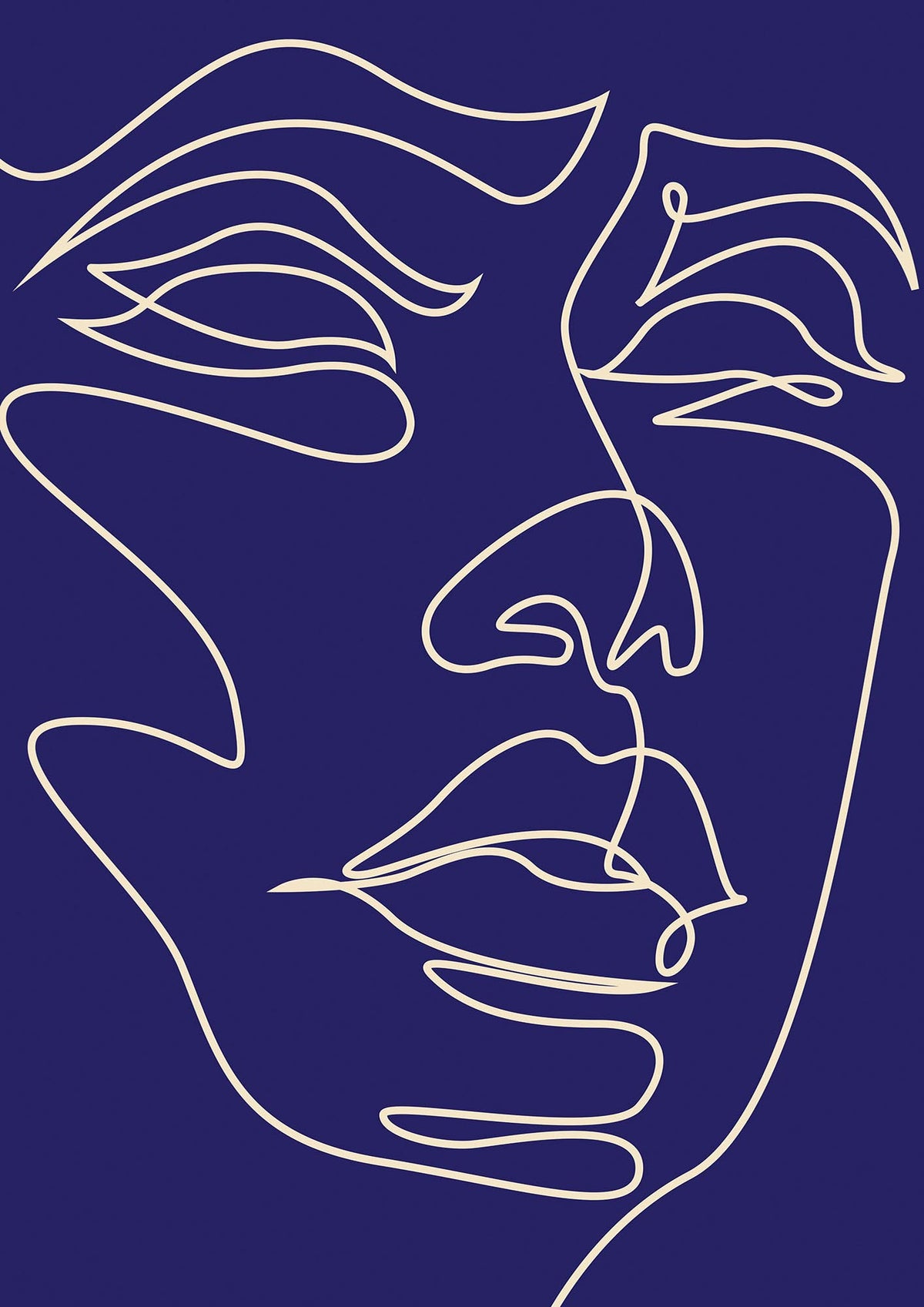 Face Line Drawing Blue Wall Art - detail