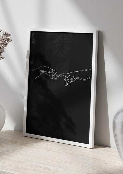 Creation Of Adam Hands Line Drawing Black Wall Art - living room 2