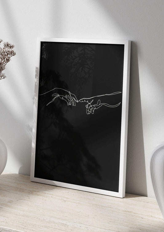 Creation Of Adam Hands Line Drawing Black Wall Art - living room 2