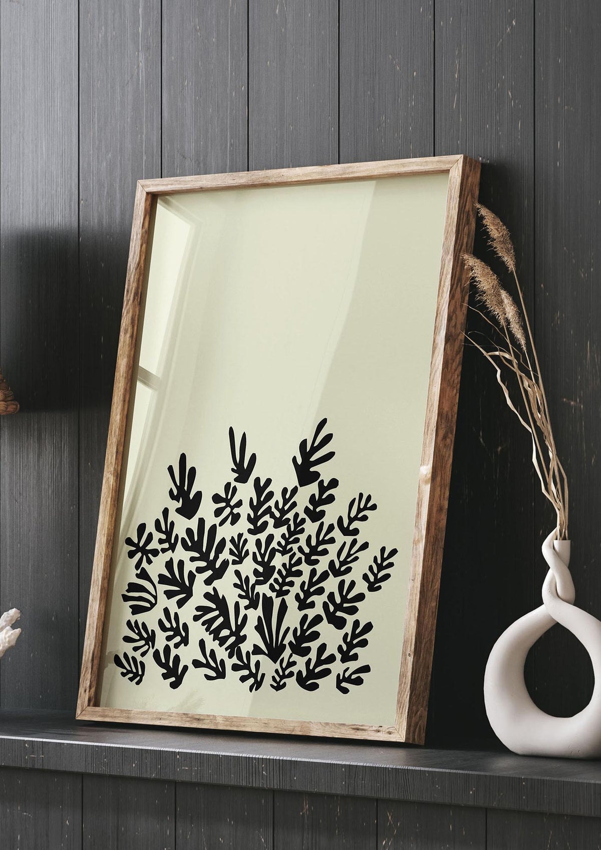 Ecru Black Abstract Leaf Shape Two Printed Poster - living room 3