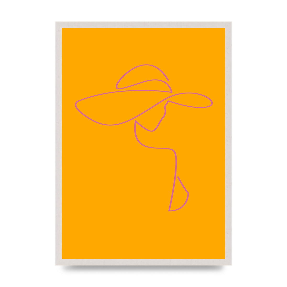 Lady In Hat Line Drawing Orange Pink Printed Poster - A2 framed