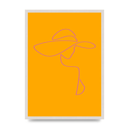 Lady In Hat Line Drawing Orange Pink Printed Poster - A2 framed