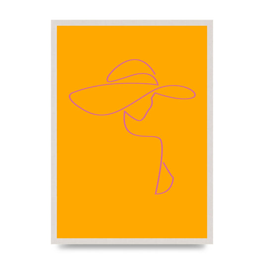 Lady In Hat Line Drawing Orange Pink Printed Poster - A2 framed