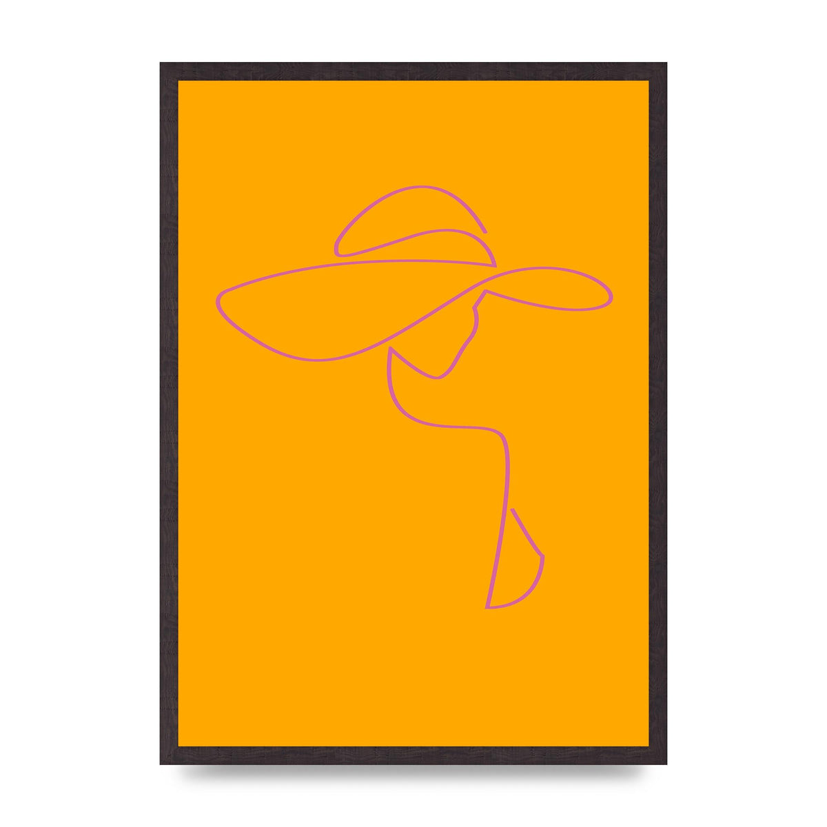 Lady In Hat Line Drawing Orange Pink Printed Poster - A2 framed