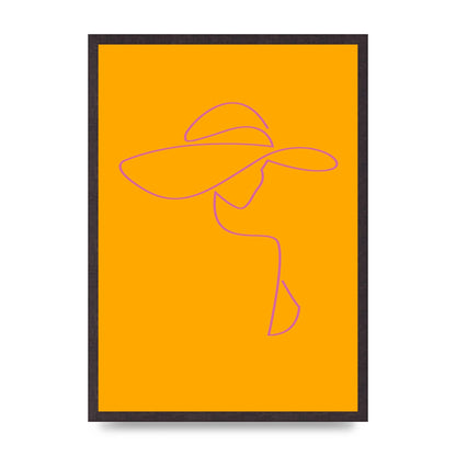 Lady In Hat Line Drawing Orange Pink Printed Poster - A2 framed
