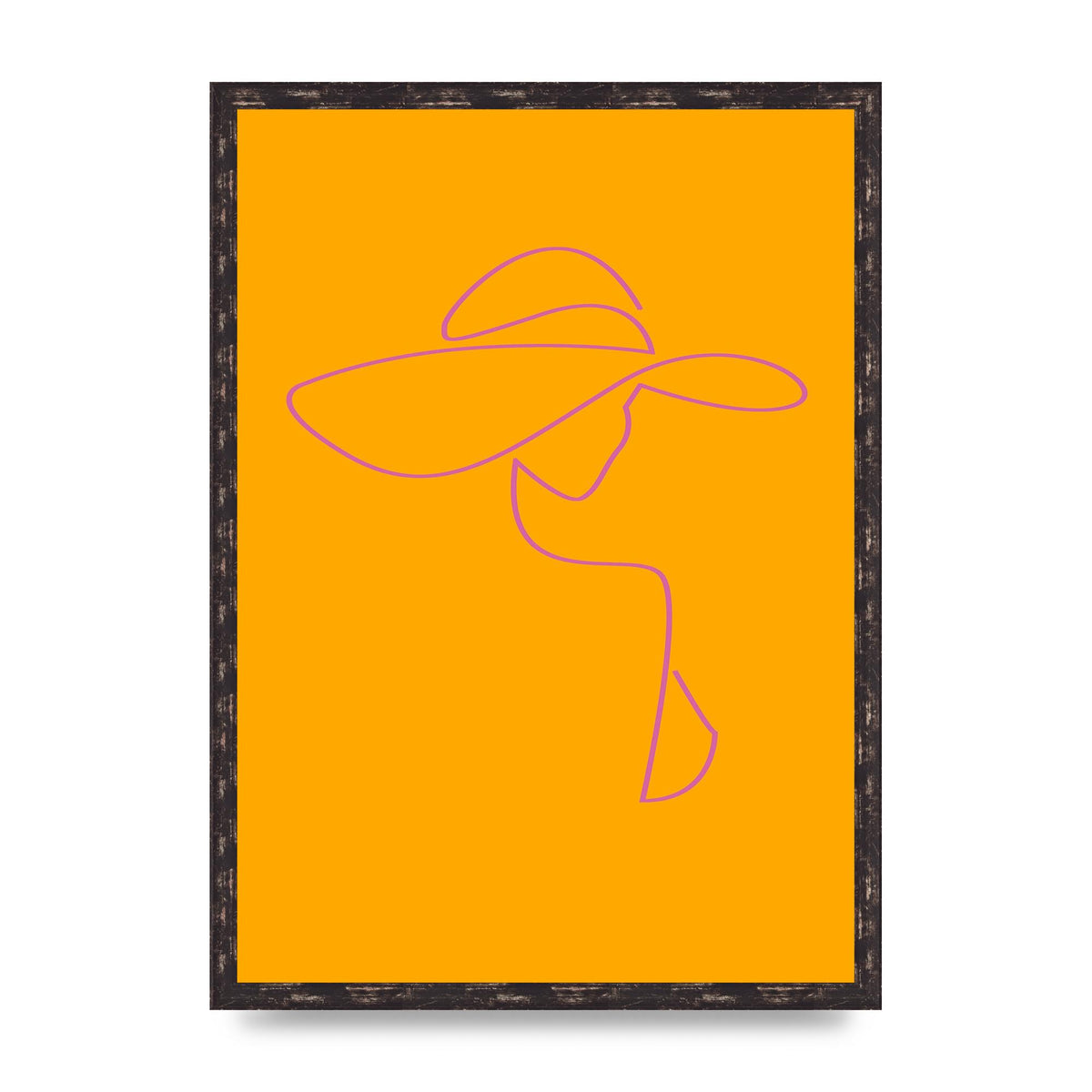 Lady In Hat Line Drawing Orange Pink Printed Poster - A2 framed