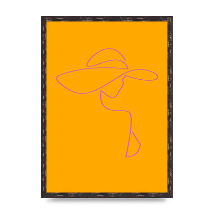 Lady In Hat Line Drawing Orange Pink Printed Poster - A2 framed