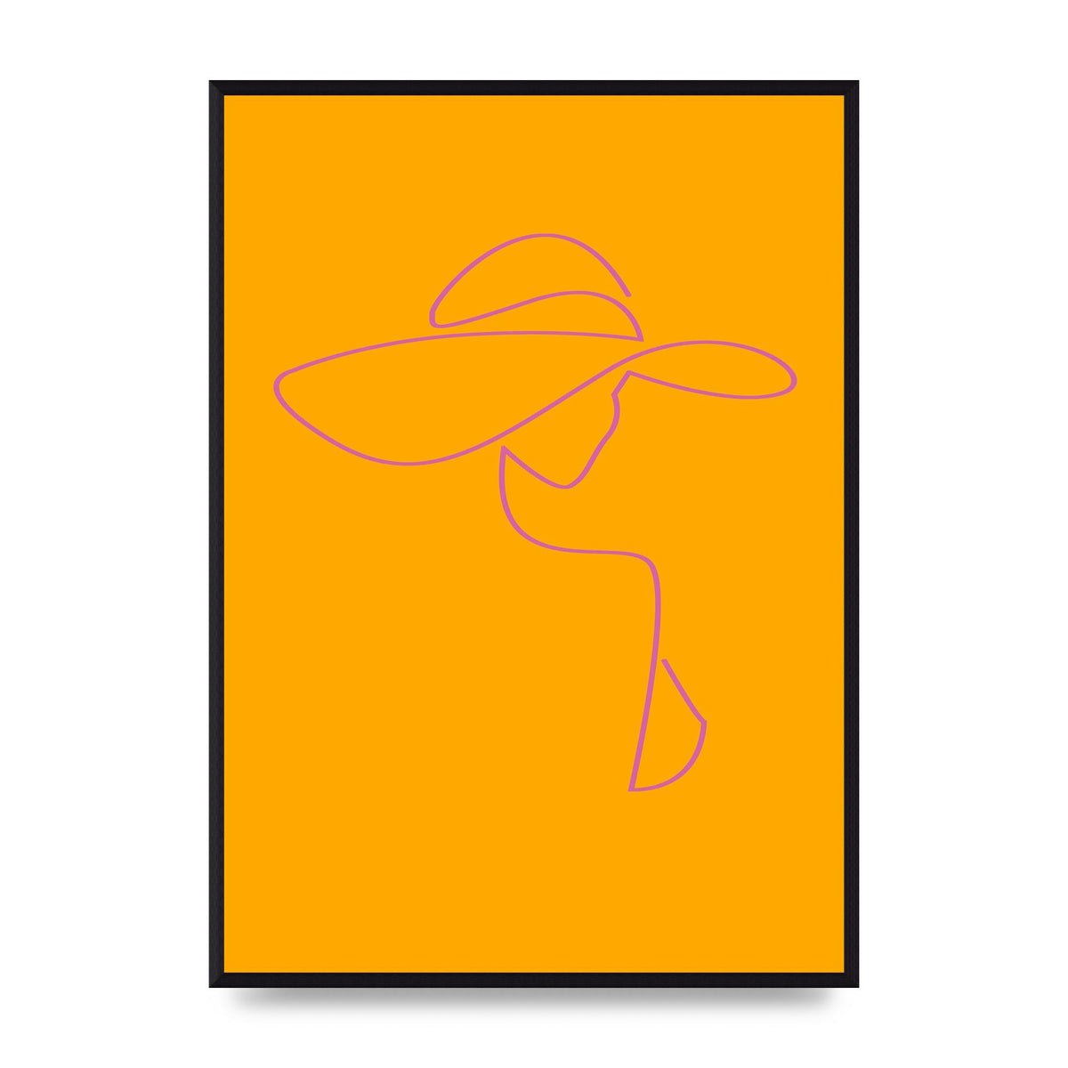 Lady In Hat Line Drawing Orange Pink Printed Poster - A2 framed