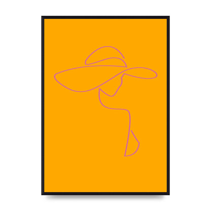 Lady In Hat Line Drawing Orange Pink Printed Poster - A2 framed