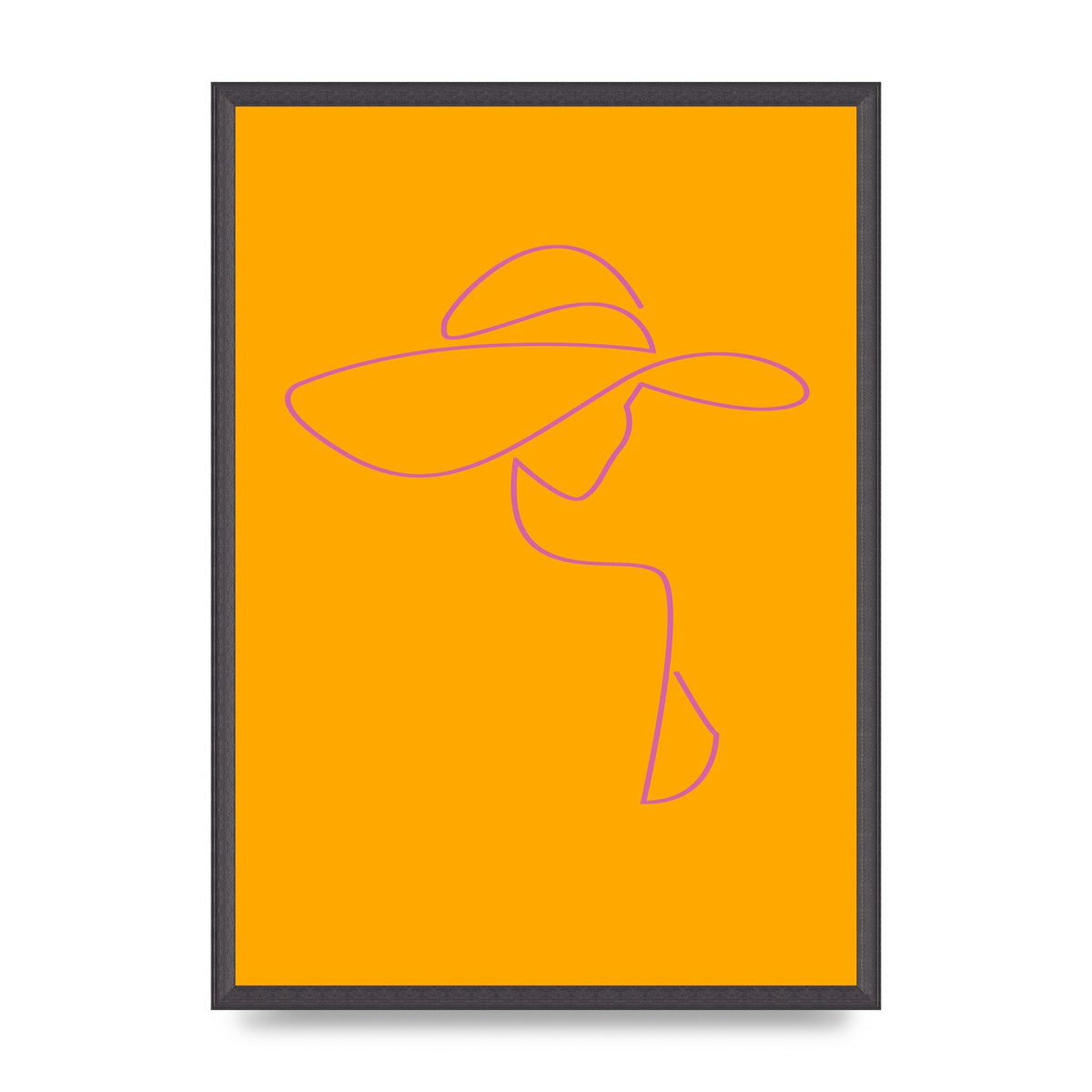 Lady In Hat Line Drawing Orange Pink Printed Poster - A2 framed