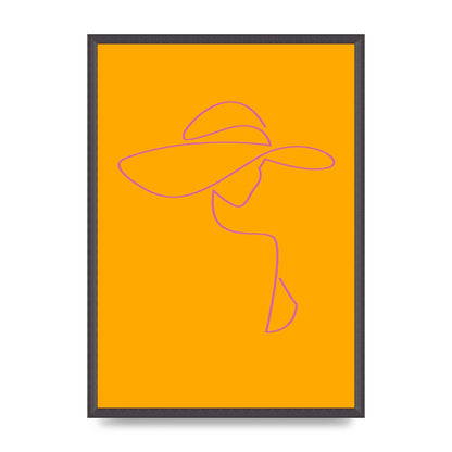 Lady In Hat Line Drawing Orange Pink Printed Poster - A2 framed