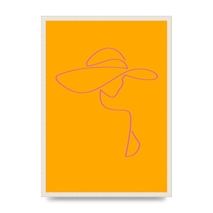 Lady In Hat Line Drawing Orange Pink Printed Poster - A2 framed