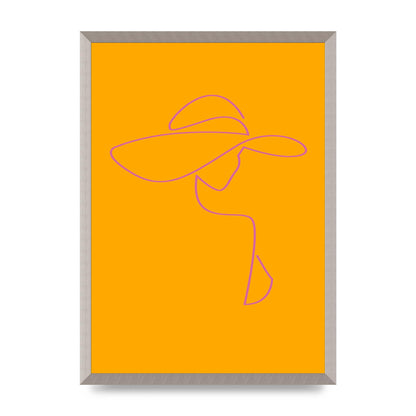 Lady In Hat Line Drawing Orange Pink Printed Poster - A2 framed