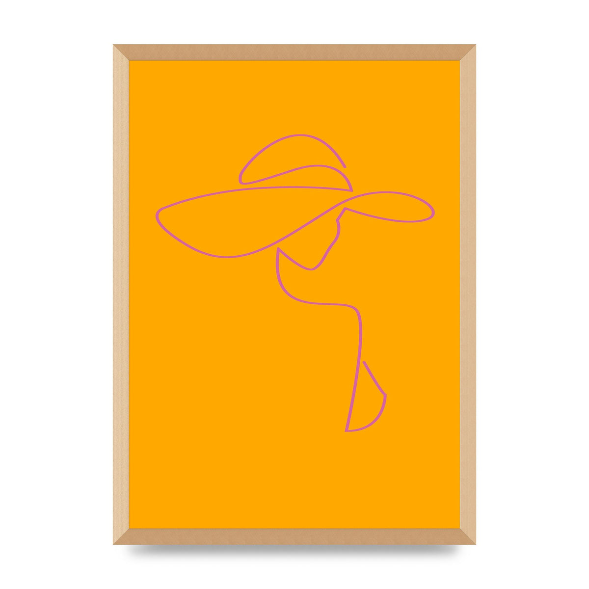 Lady In Hat Line Drawing Orange Pink Printed Poster - A2 framed