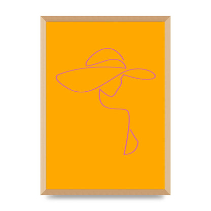 Lady In Hat Line Drawing Orange Pink Printed Poster - A2 framed