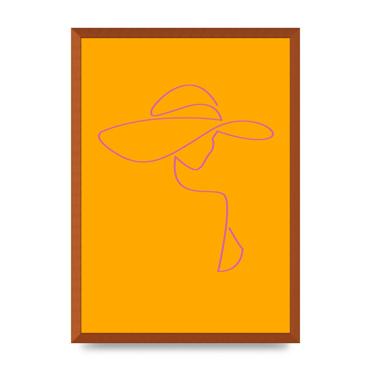Lady In Hat Line Drawing Orange Pink Printed Poster - A2 framed
