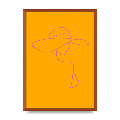 Lady In Hat Line Drawing Orange Pink Printed Poster - A2 framed