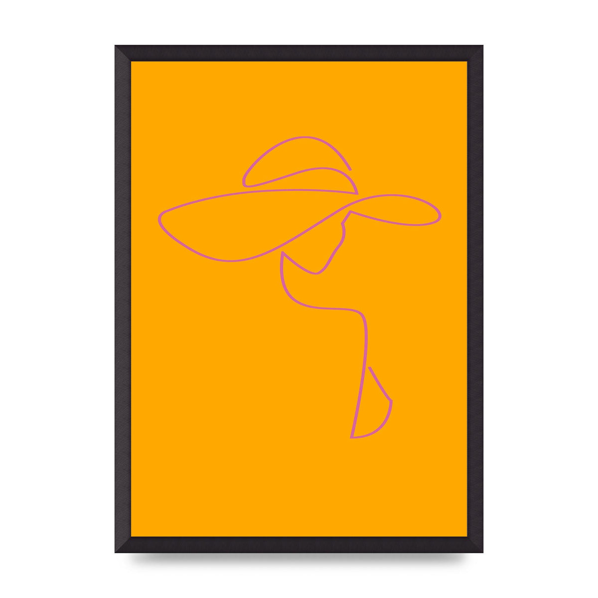 Lady In Hat Line Drawing Orange Pink Printed Poster - A2 framed