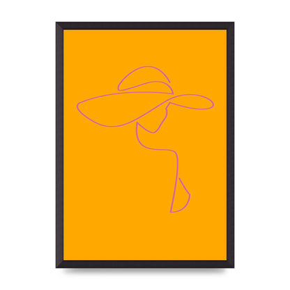 Lady In Hat Line Drawing Orange Pink Printed Poster - A2 framed
