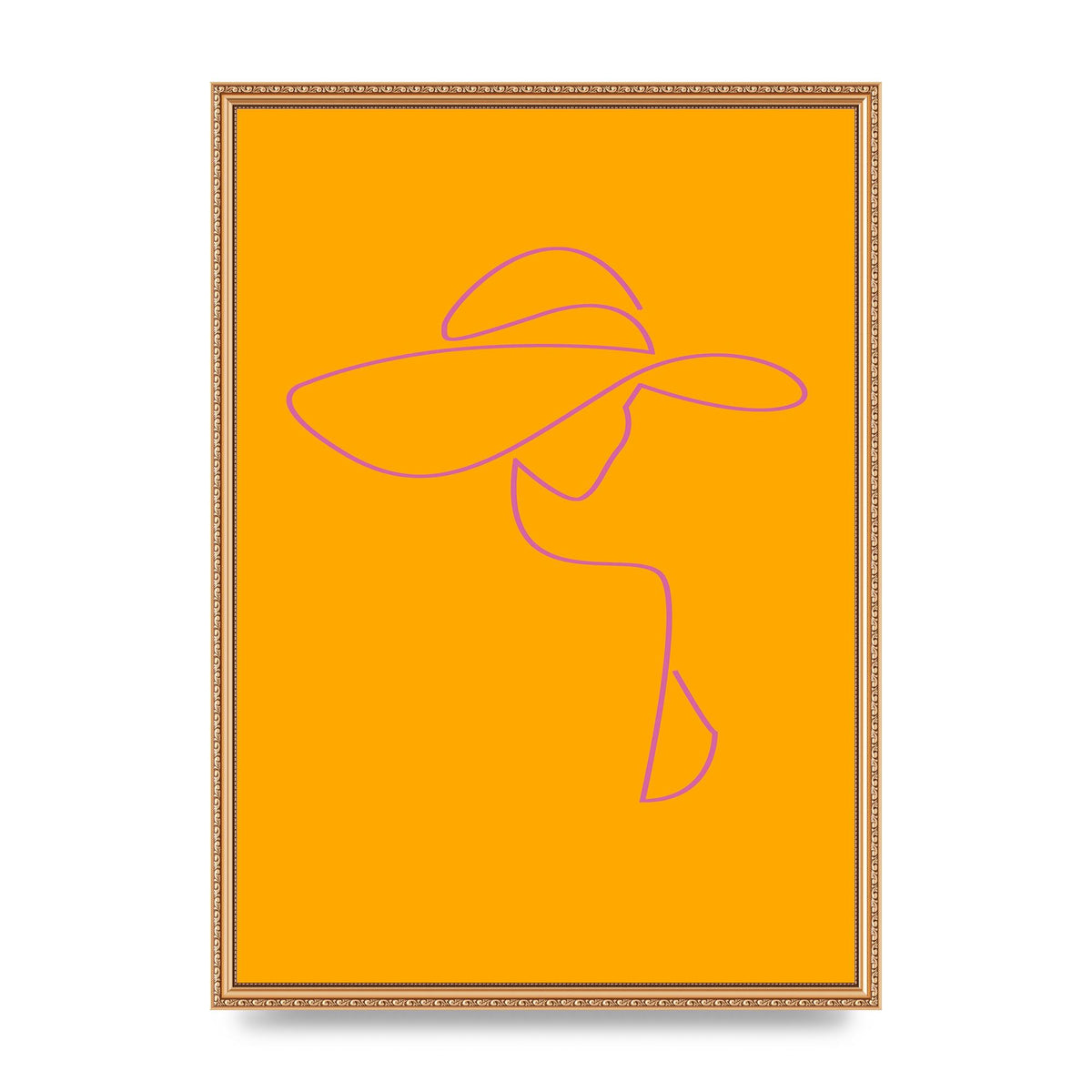 Lady In Hat Line Drawing Orange Pink Printed Poster - A2 framed